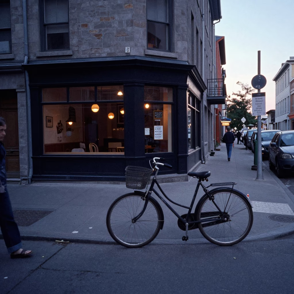 Early Morning Montreal Street Scene With Bicycle Leaning Against Cafe Before Sunrise in in Montreal, Quebec, Canada