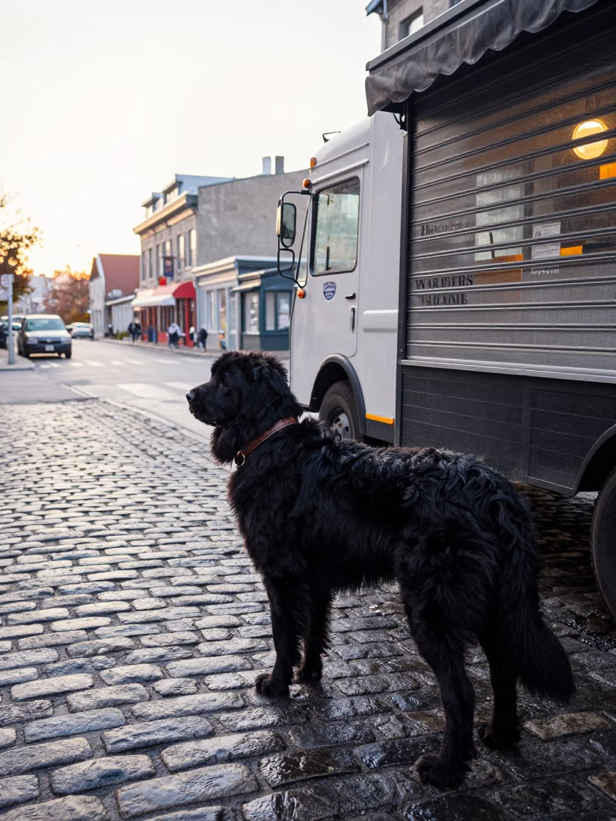 Early Morning Montreal Street Scene with Bouvier des Ardennes Dog on Cobblestone Sidewalk in in Montreal, Quebec, Canada