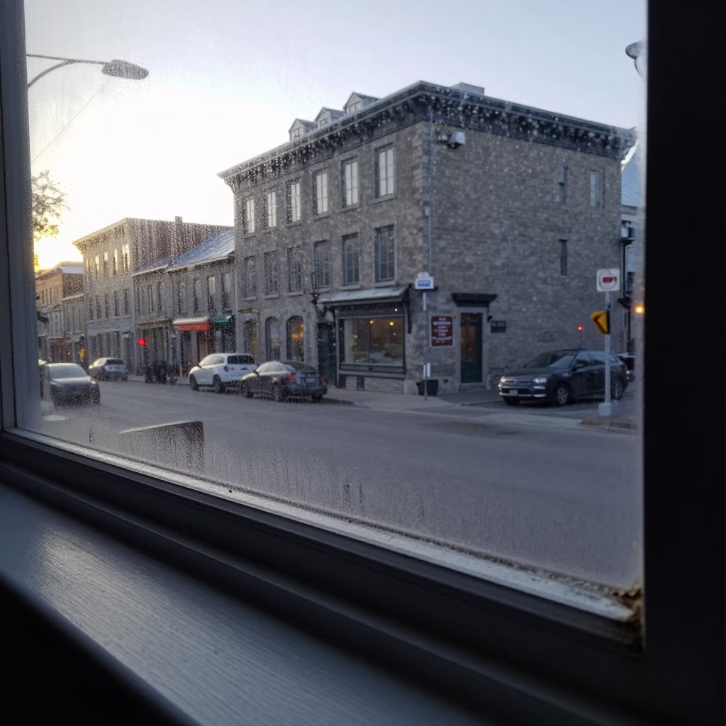 Early Morning Montreal Street Scene with Condensation on Window Sill and Urban Morning Light in in Montreal, Quebec, Canada
