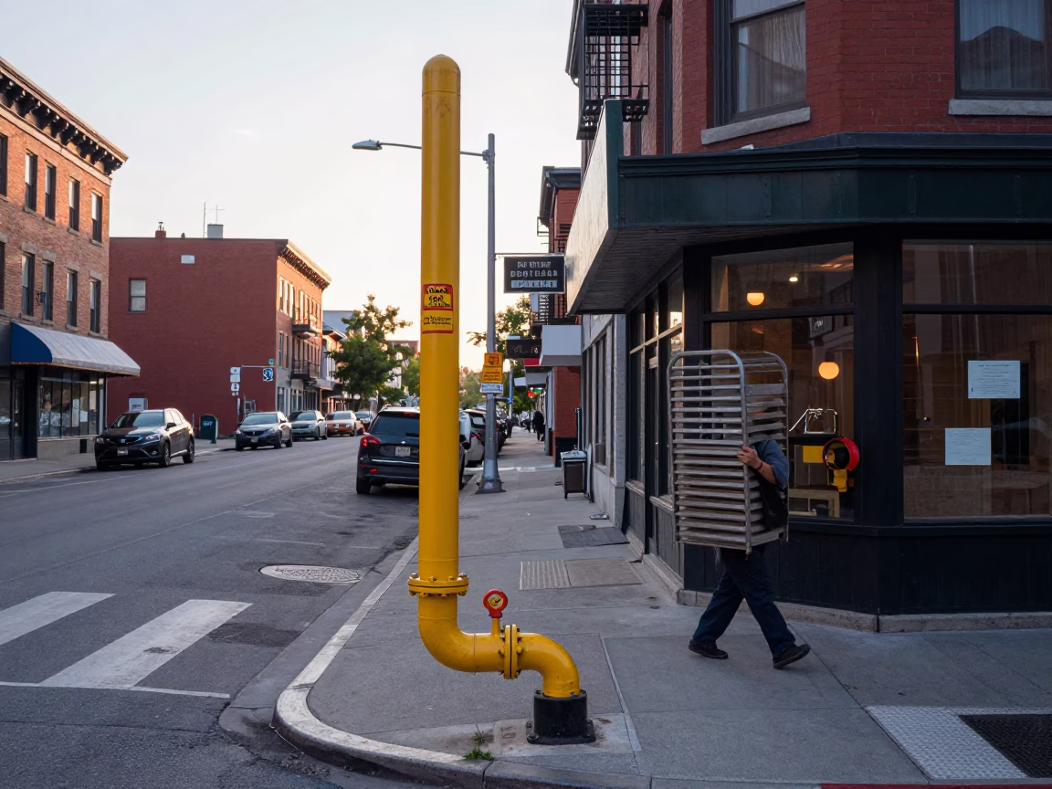 Early Morning Montreal Street Scene with Gas Pipeline Marker and Baking Sheet in in Montreal, Quebec, Canada