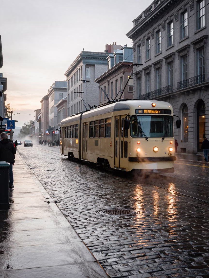 Early Morning Montreal Street Scene with Heritage Tram and Rain-Swept Promenade in in Montreal, Quebec, Canada