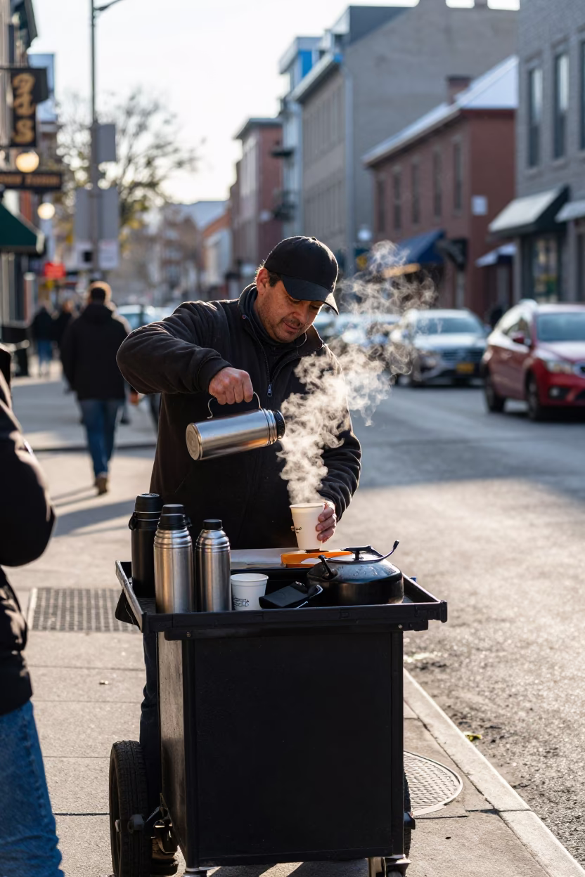 Early Morning Montreal Street Scene with Kettle and Thermos in in Montreal, Quebec, Canada