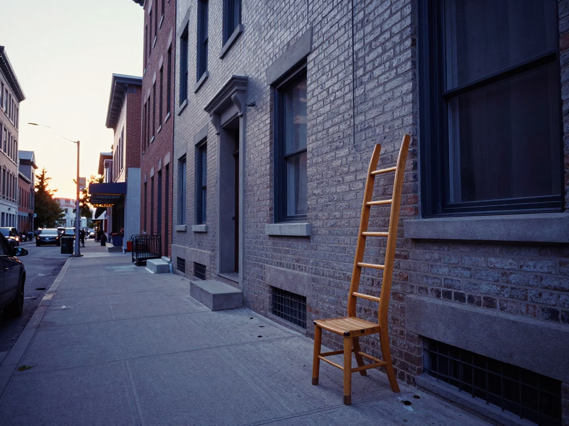 Early Morning Montreal Street Scene with Ladder-Back Chair and Pickle Jar Before Sunrise in in Montreal, Quebec, Canada