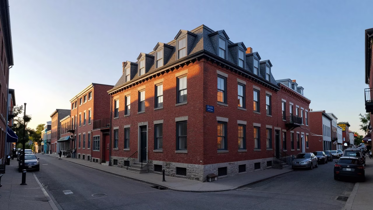 Early Morning Montreal Street Scene with Red Brick Buildings and Snowy Sidewalks in in Montreal, Quebec, Canada