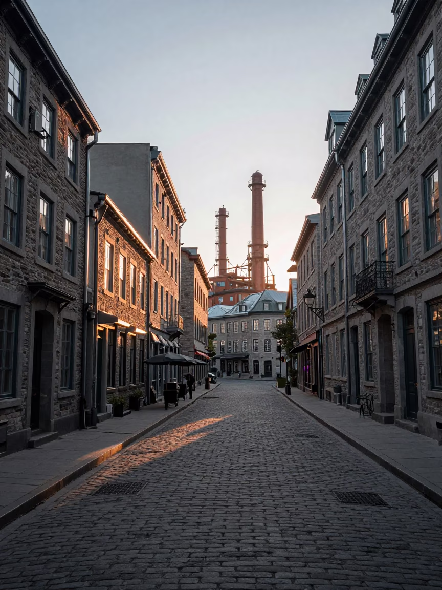 Early Morning Montreal Street Scene with Refinery and Umbrellas in in Montreal, Quebec, Canada
