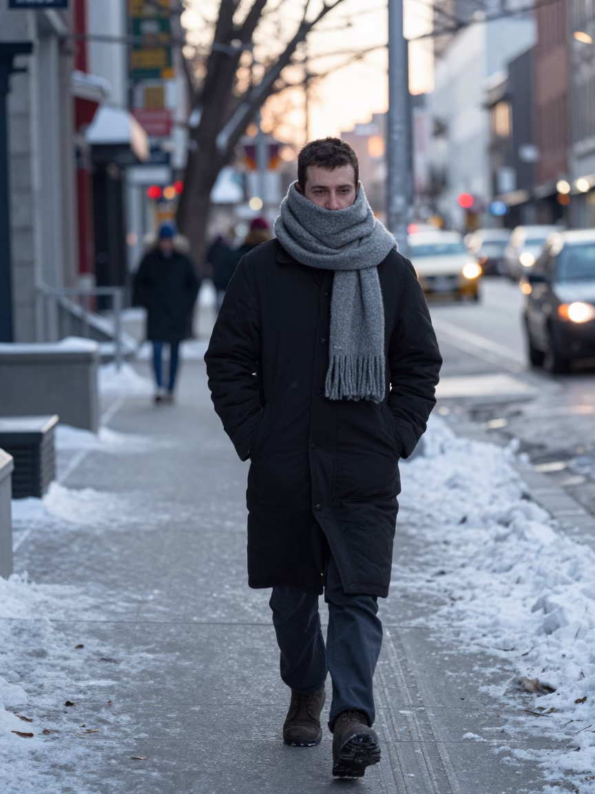 Early Morning Montreal Street Scene with Scarf and Concrete Architecture in in Montreal, Quebec, Canada
