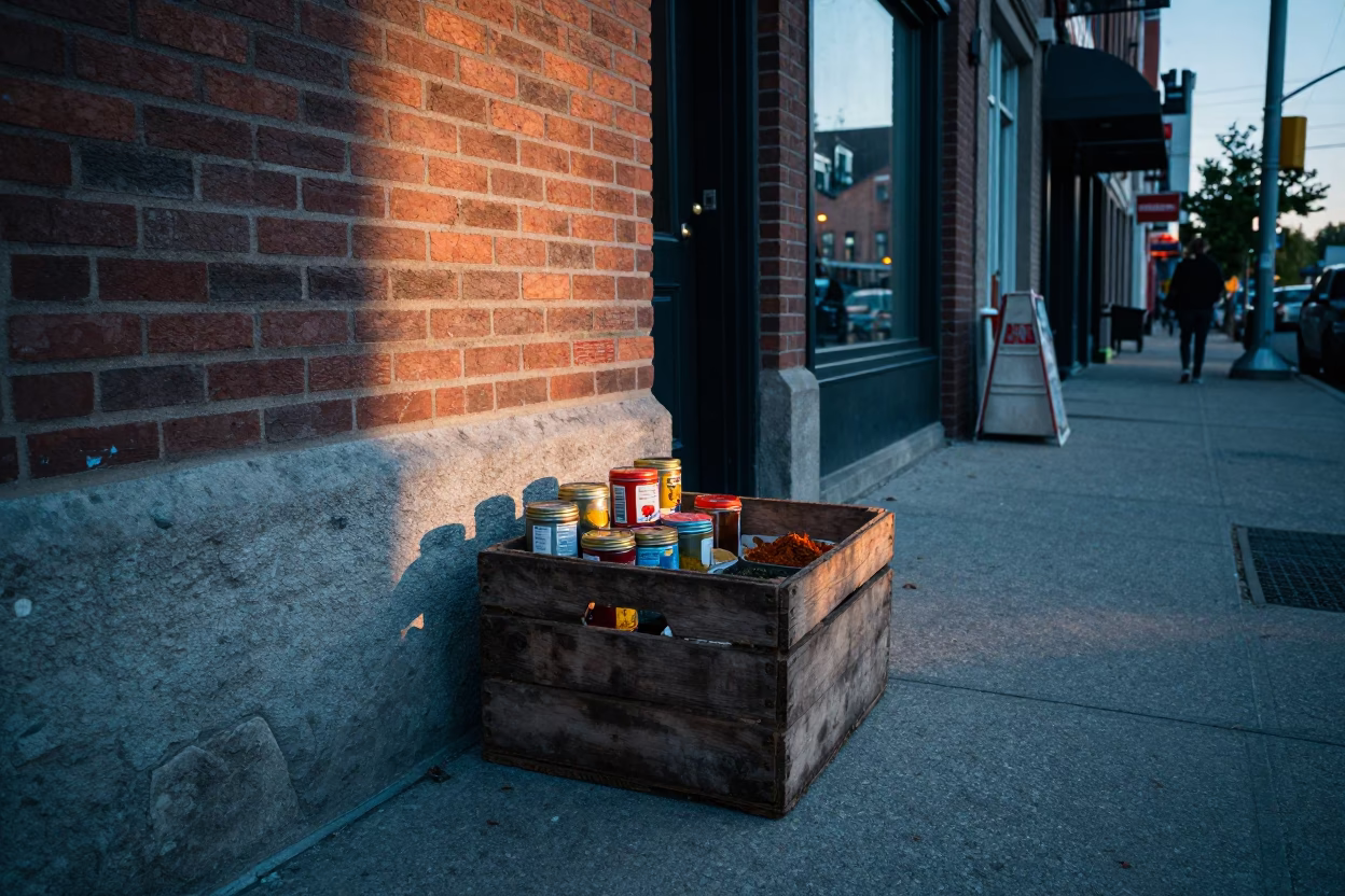 Early Morning Montreal Street Scene with Spice Tins and Berry on Concrete in in Montreal, Quebec, Canada