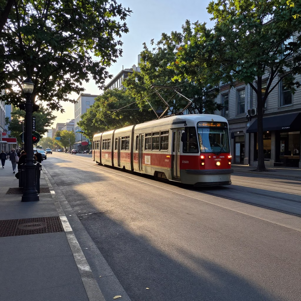 Early Morning Montreal Street Scene with Tramcar and Urban Life in in Montreal, Quebec, Canada