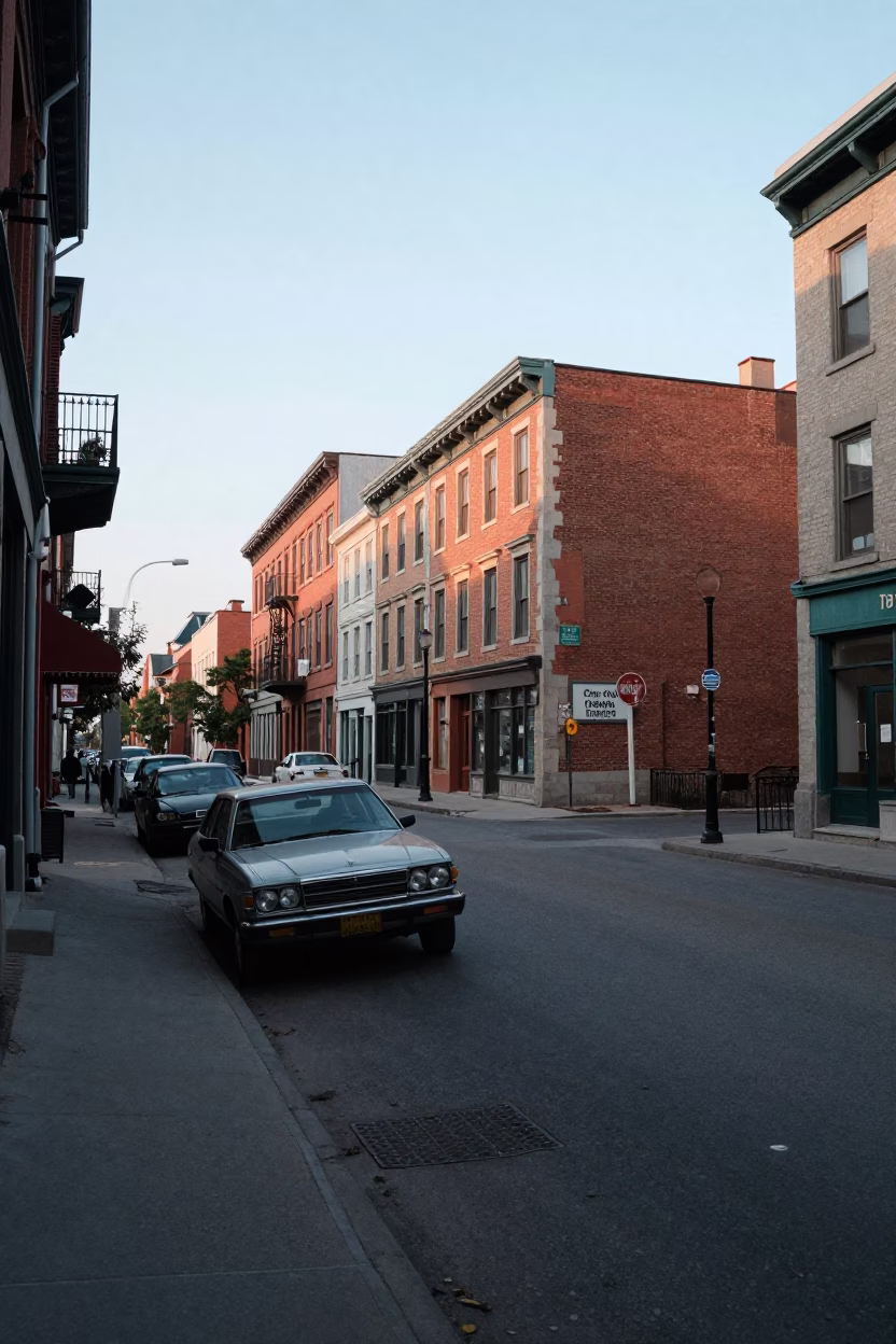 Early Morning Montreal Street Scene with Vintage 1980s Atmosphere and Local Details in in Montreal, Quebec, Canada