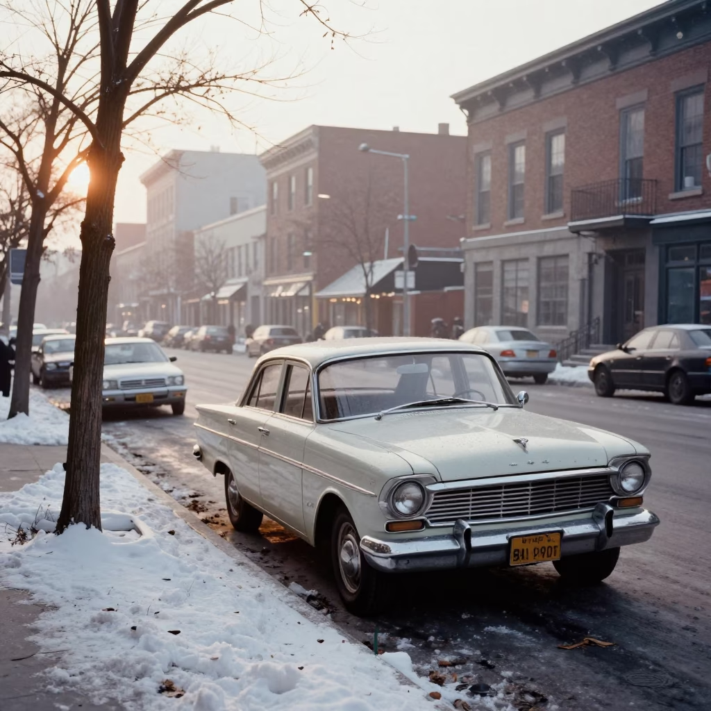 Early Morning Montreal Street Scene with Vintage Car and Snowy Sidewalk in in Montreal, Quebec, Canada