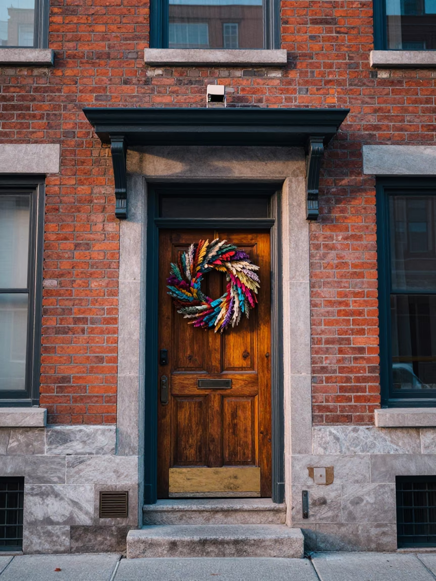 Early Morning Montreal Street Scene with Vintage Door Wreaths and Urban Architecture in in Montreal, Quebec, Canada