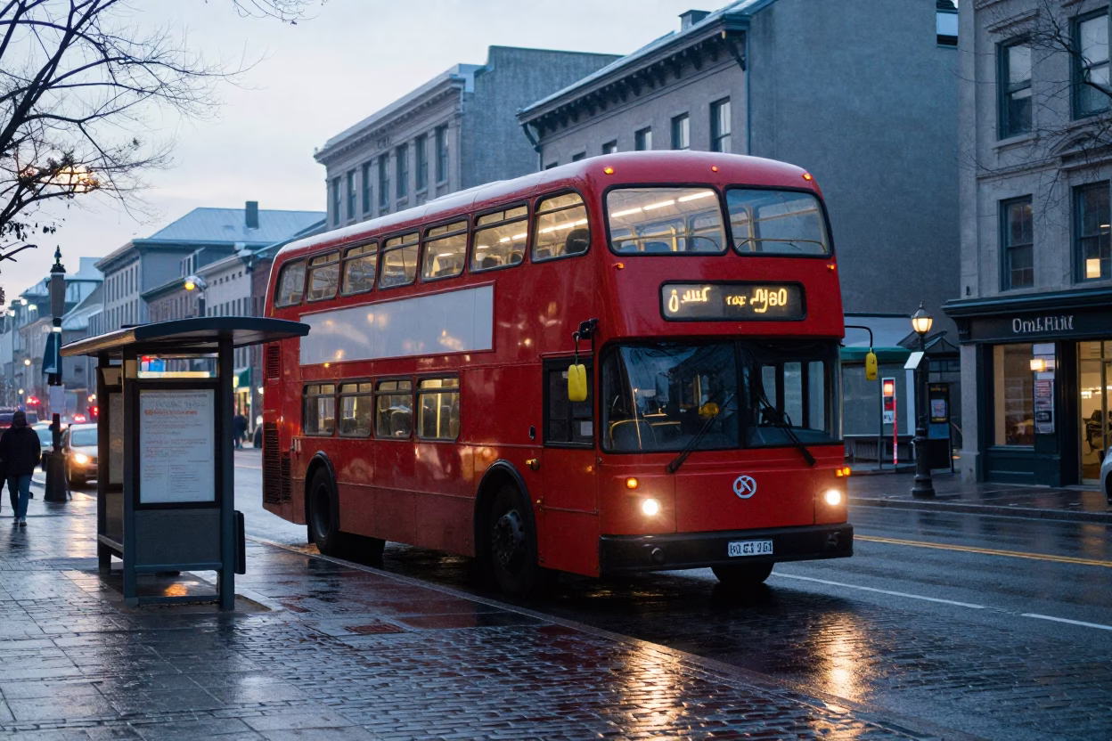 Early Morning Montreal Street Scene with Vintage Double-Decker Bus at Rainy Stop in in Montreal, Quebec, Canada