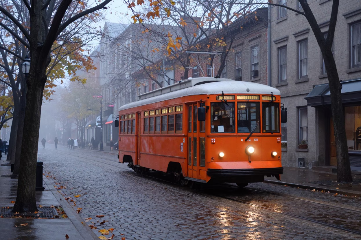 Early Morning Montreal Street Scene with Vintage Orange Trolley and Tree Lined Avenue in in Montreal, Quebec, Canada