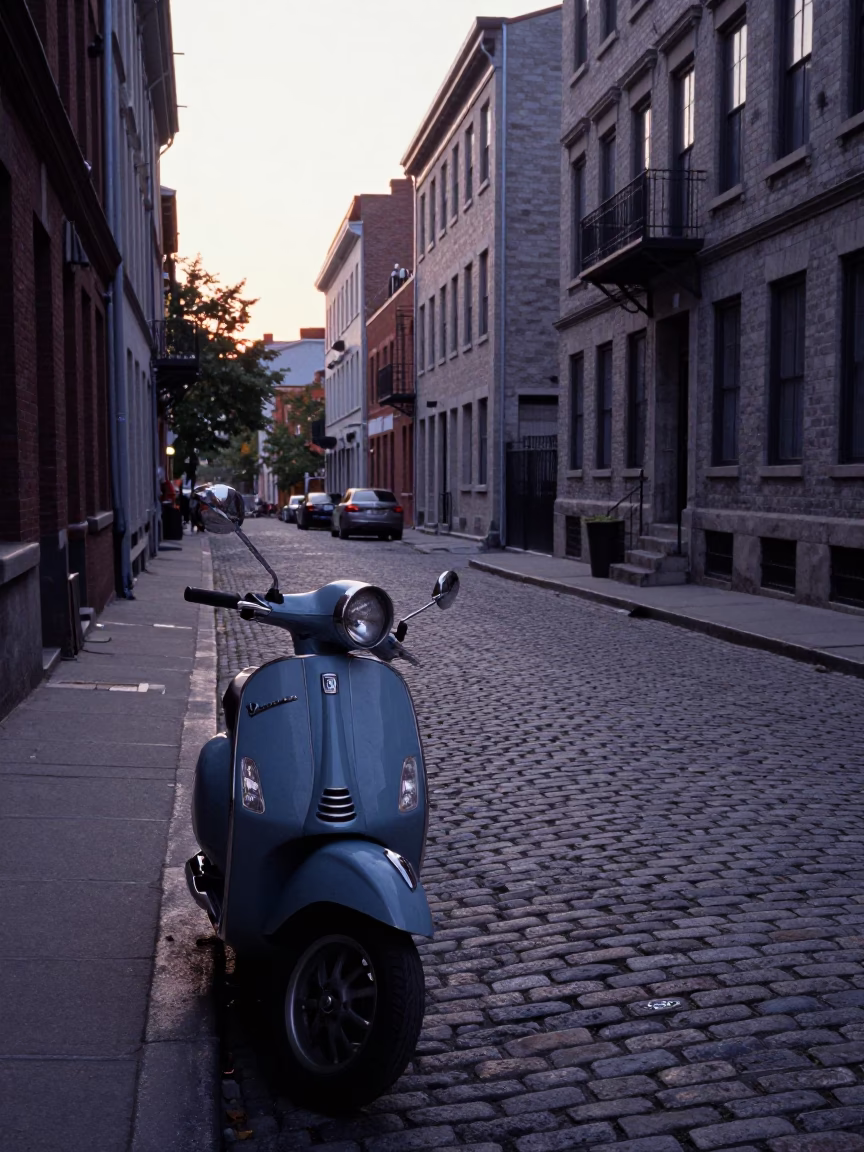 Early Morning Montreal Street Scene with Vintage Vespa and Cobblestone Lane Before Sunrise in in Montreal, Quebec, Canada