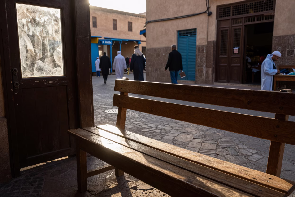 Early Morning Moroccan Street Life in Fez with Wooden Bench and Coffee Cup in in Fez, Morocco