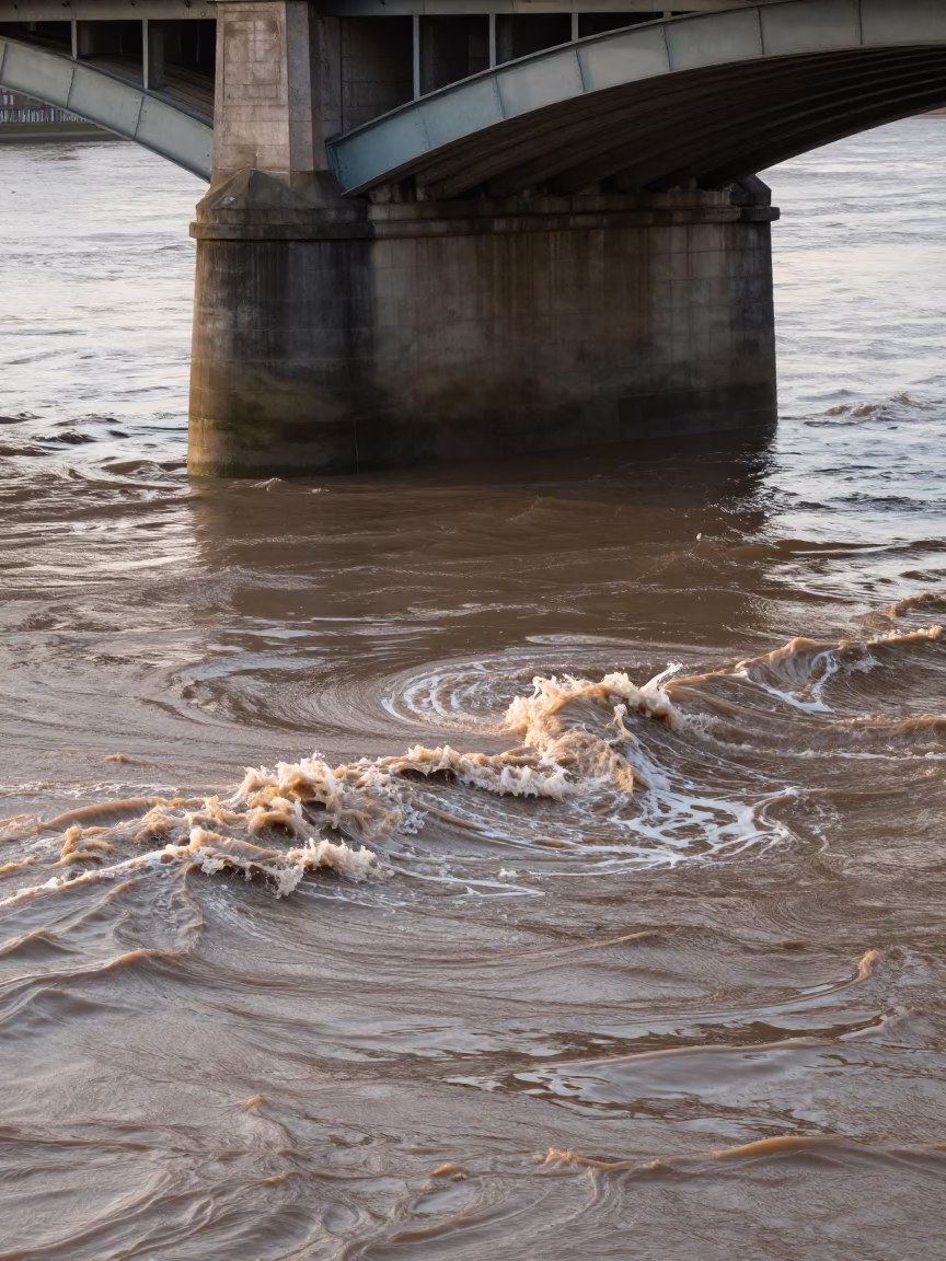 Early Morning Muddy Floodwater Swirling Around Bridge Pier Base in Liverpool United Kingdom in in Liverpool, United Kingdom