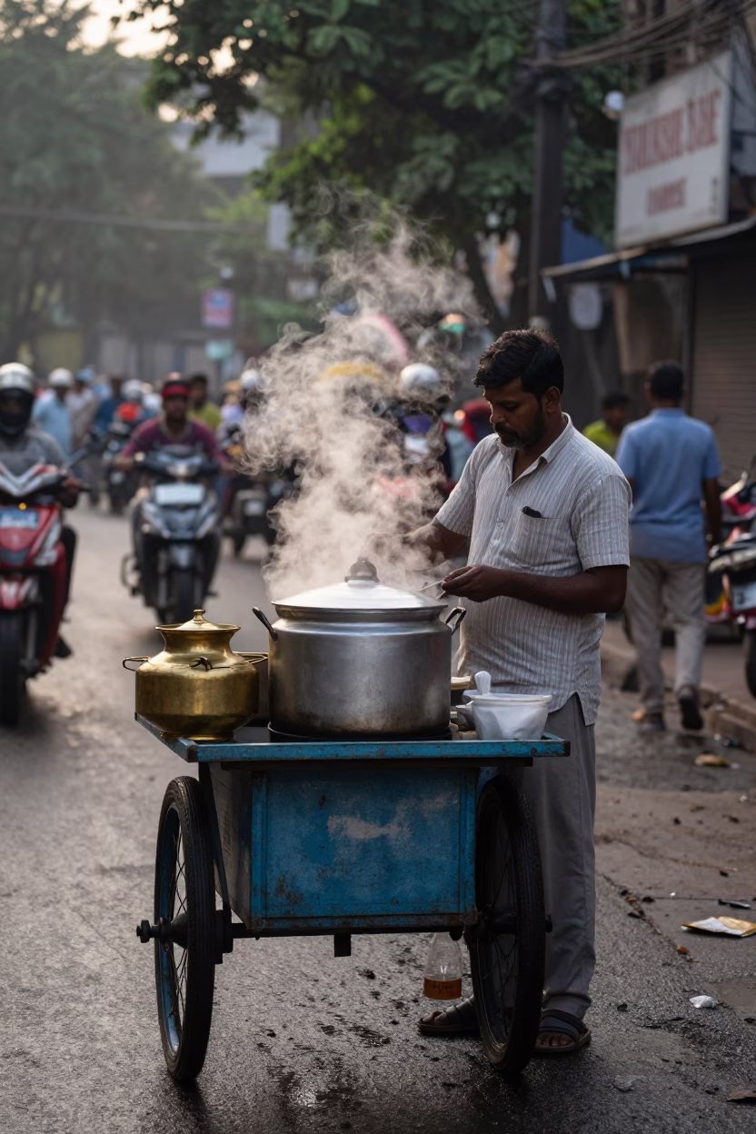 Early Morning Mumbai Street Food Stall with Brass Urn and Glass Jars Before Dawn in in Mumbai, India