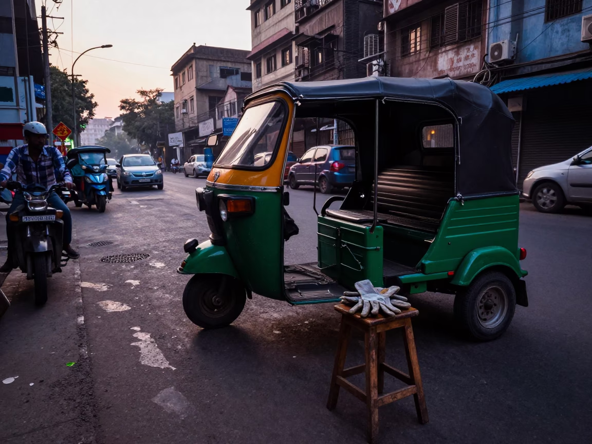 Early Morning Mumbai Street Scene with Auto-Rickshaw and Work Gloves Before Dawn in in Mumbai, India