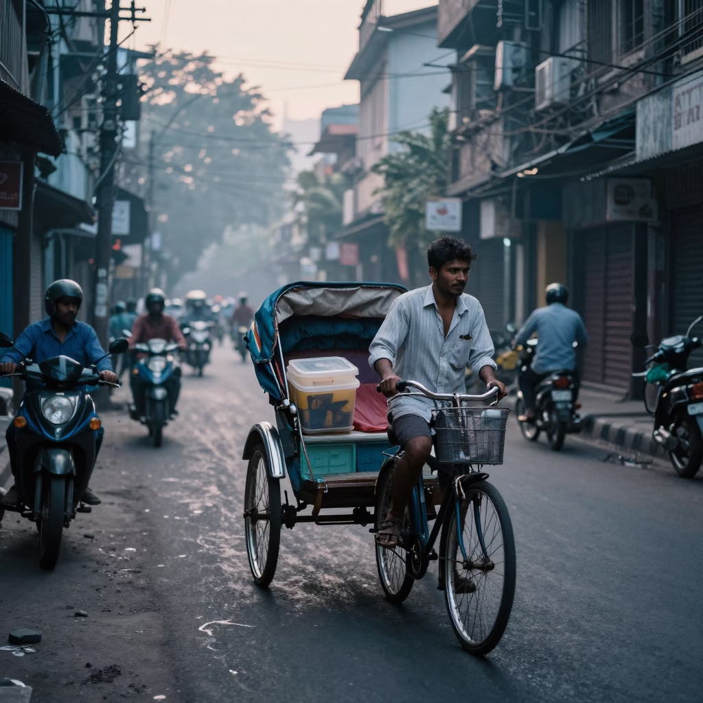 Early Morning Mumbai Street Scene with Bicycle Basket and Morning Light in in Mumbai, India