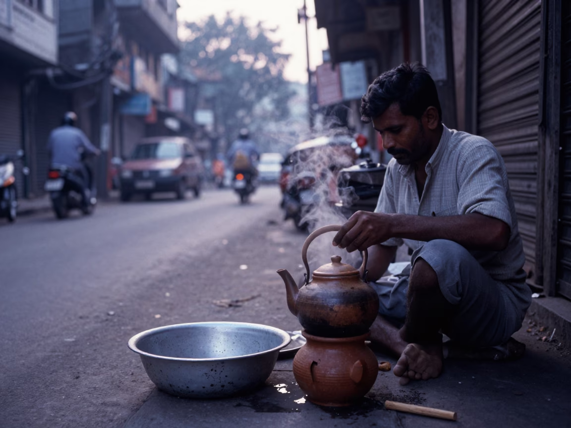 Early Morning Mumbai Street Scene with Clay Teapot and Wash Basin Before Sunrise in in Mumbai, India