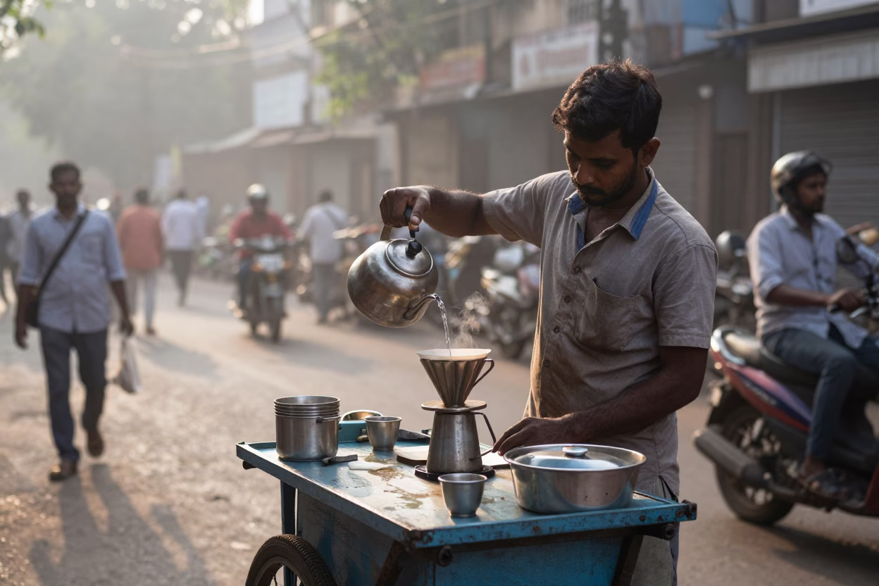 Early Morning Mumbai Street Scene with Coffee Vendor and Railway Viaduct Background in in Mumbai, India