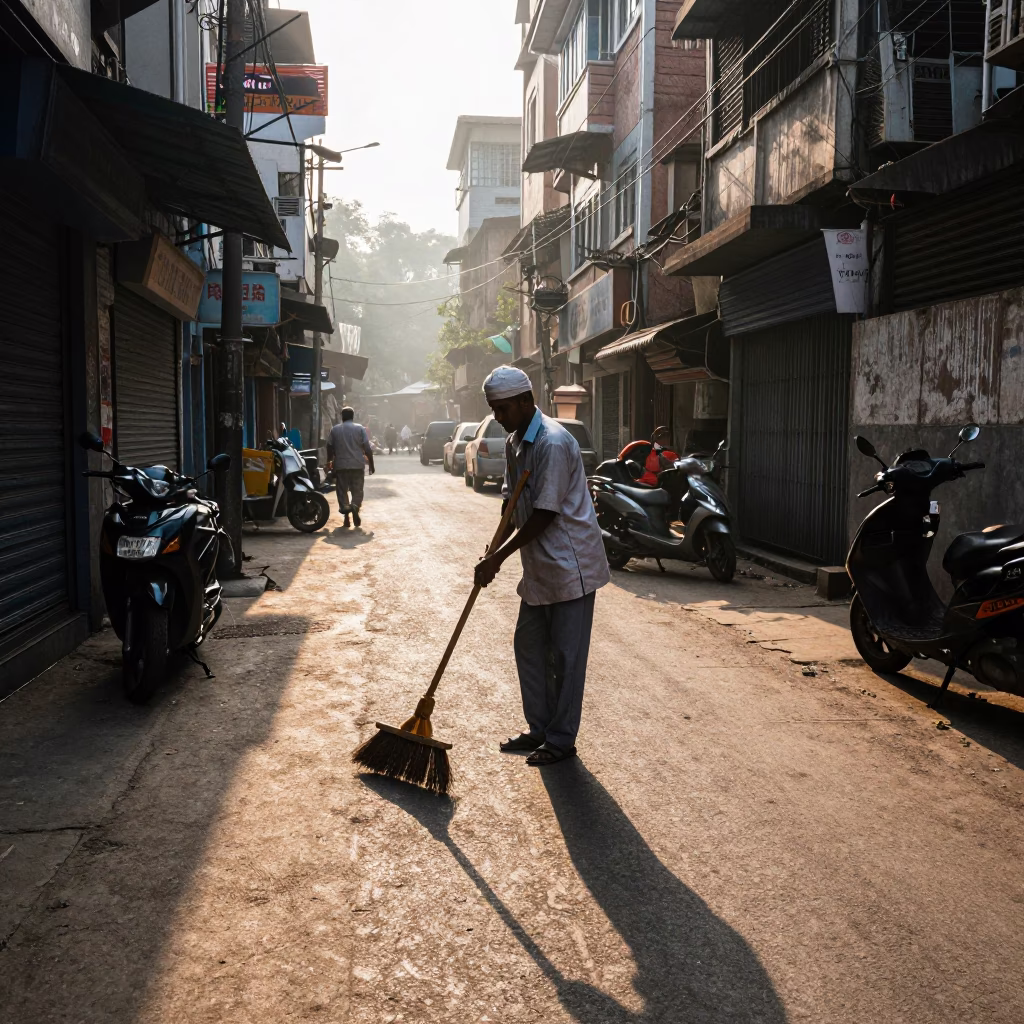Early Morning Mumbai Street Scene with Hand Broom and Blue Porcelain Plate in in Mumbai, India