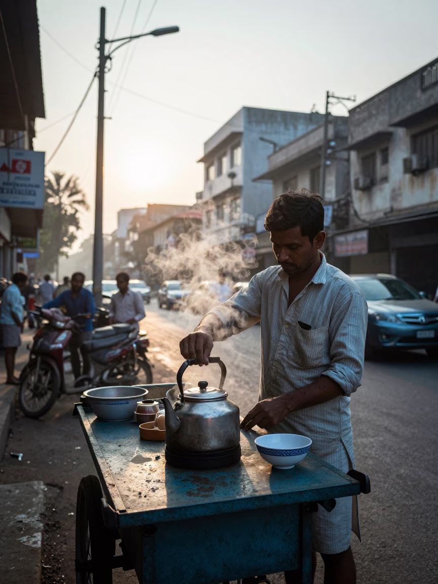 Early Morning Mumbai Street Scene with Kettle and Porcelain Bowl at Sunrise in in Mumbai, India