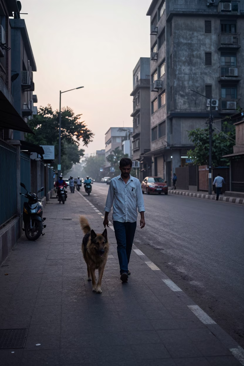 Early Morning Mumbai Street Scene with Man and Dog Before Sunrise in in Mumbai, India