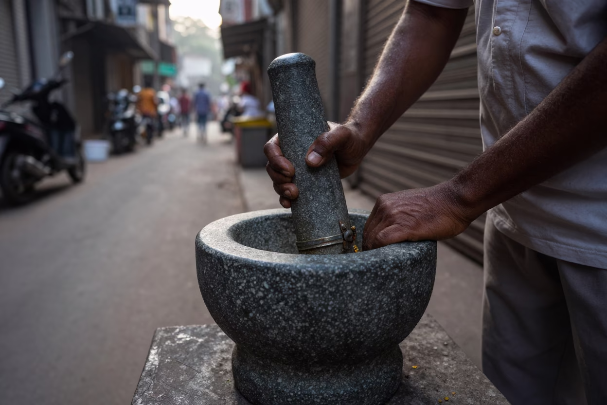 Early Morning Mumbai Street Scene with Mortar and Pestle and Hinge Detail in in Mumbai, India
