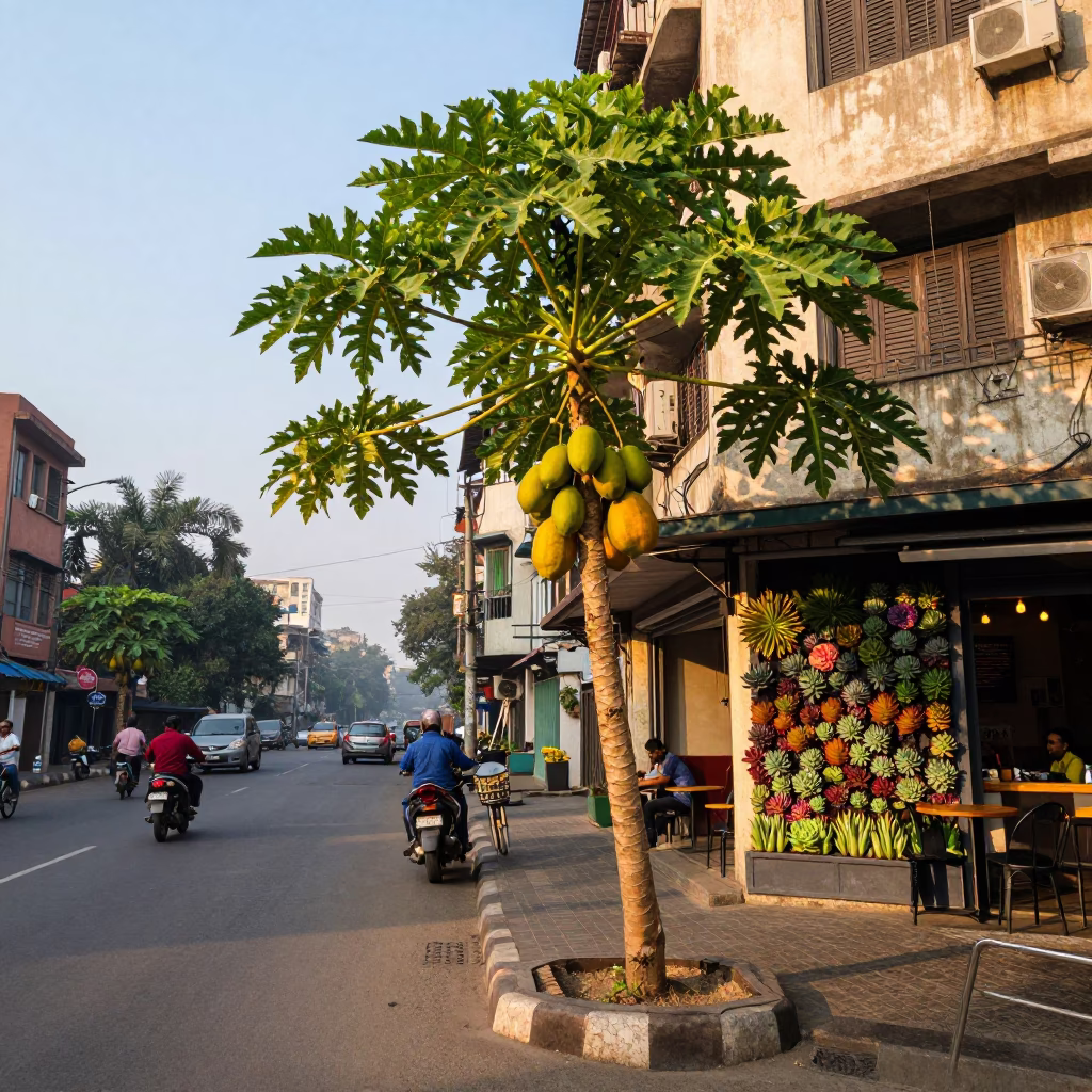 Early Morning Mumbai Street Scene with Papaya Tree and Cafe Exterior in in Mumbai, India