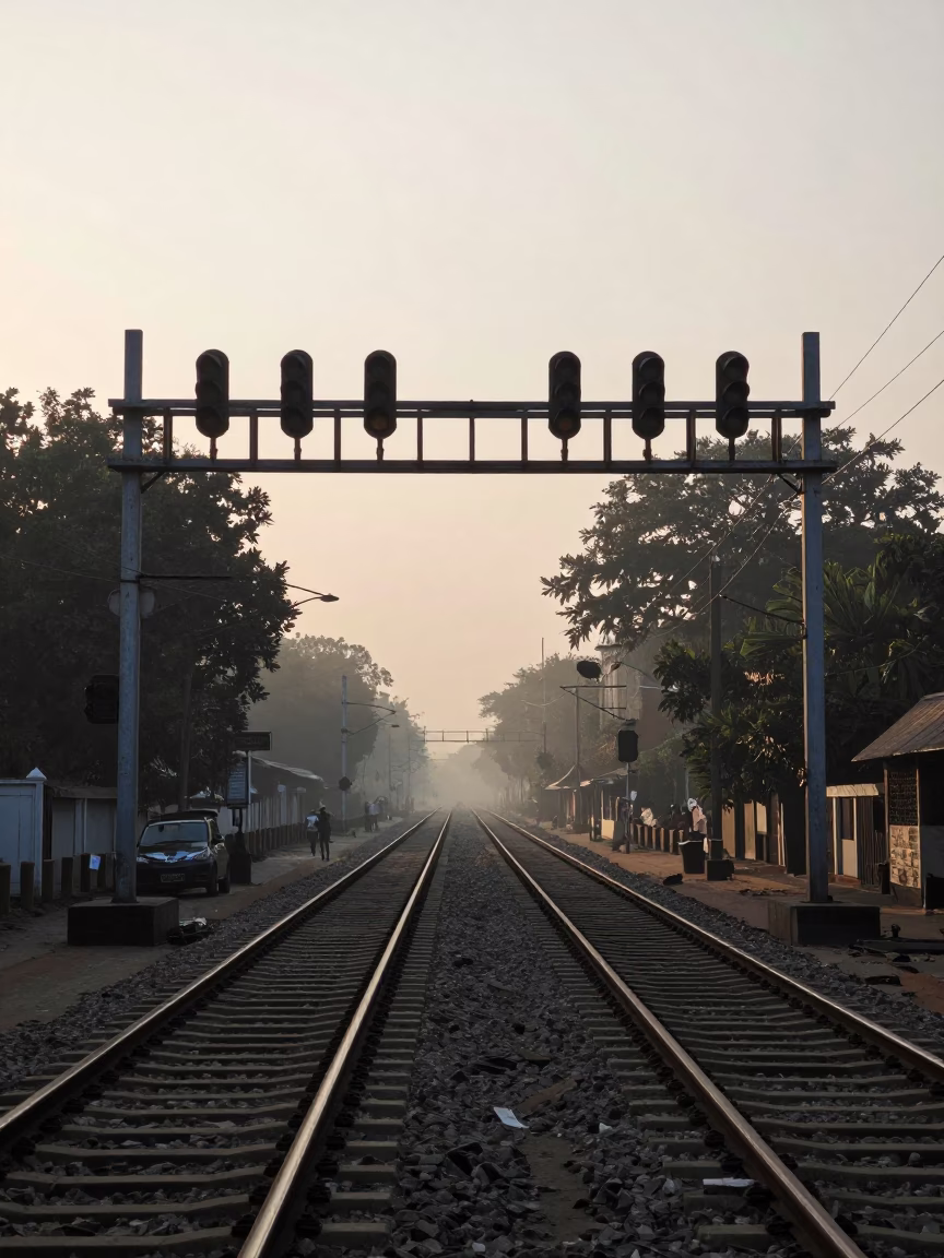Early Morning Mumbai Street Scene with Signal Gantry and Railway Lines in in Mumbai, India
