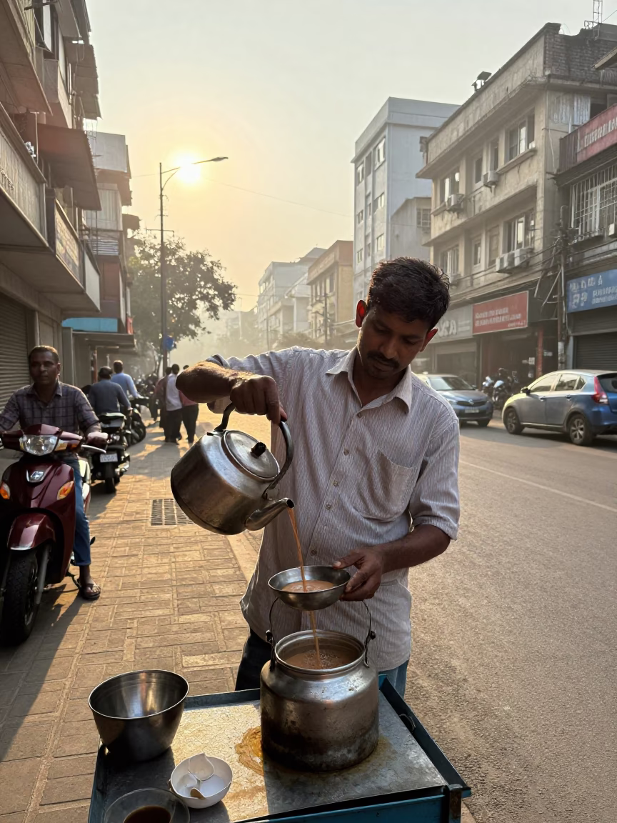 Early Morning Mumbai Street Scene with Tea Vendor and Lattice Tower in in Mumbai, India