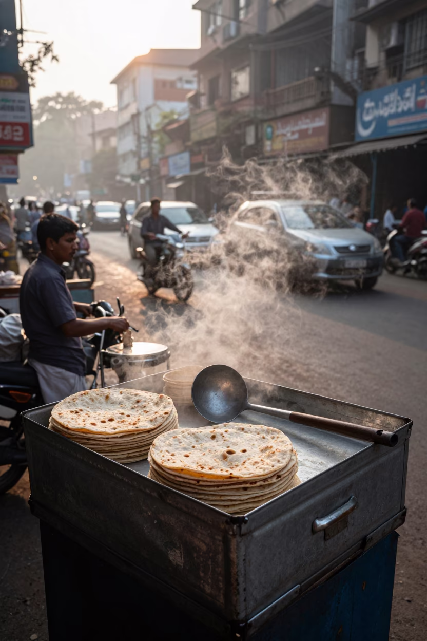 Early Morning Mumbai Street Scene with Tin Box and Ladle at Local Food Stall in in Mumbai, India