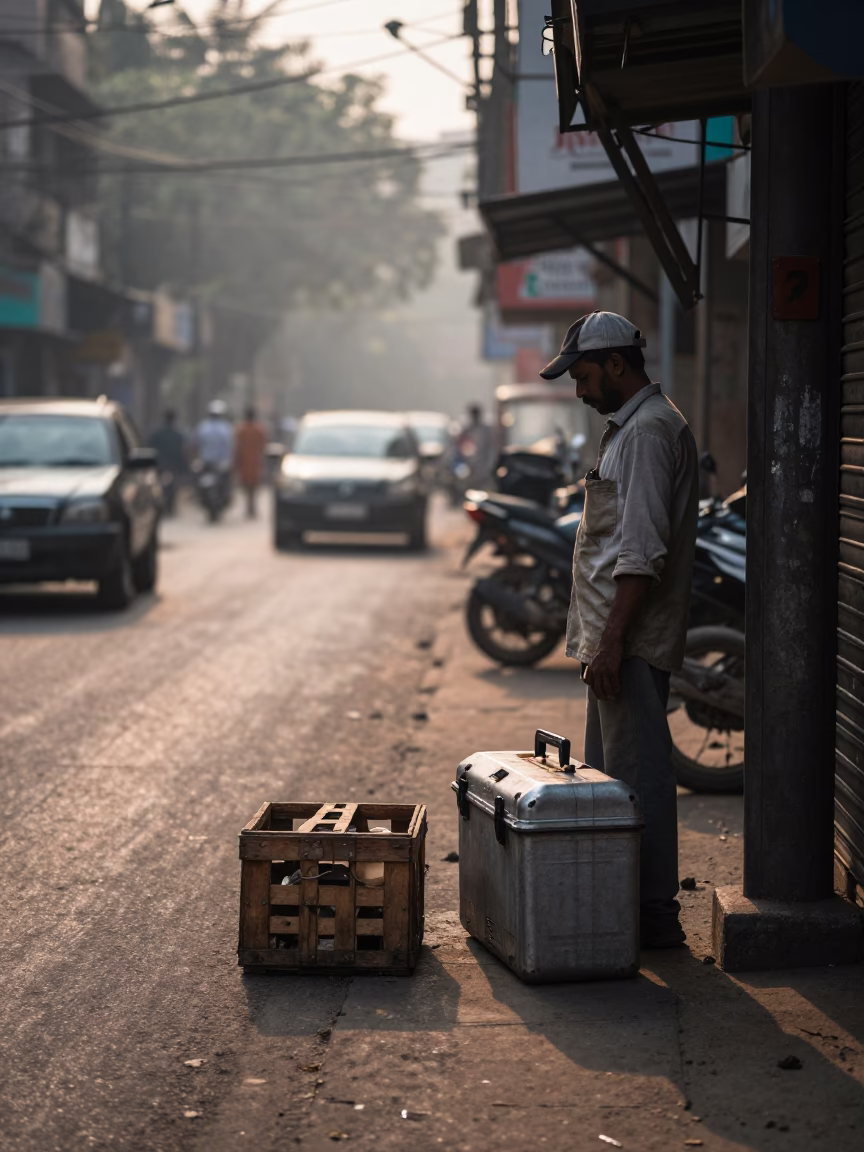 Early Morning Mumbai Street Scene with Toolbox and Crate Near Traditional Dwarka Temple in in Mumbai, India