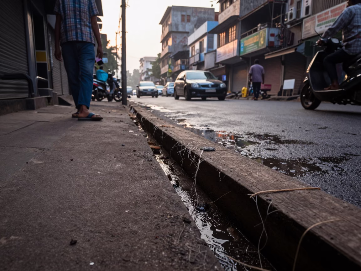 Early Morning Mumbai Street Scene with Water Marks and Twine Fibers in in Mumbai, India