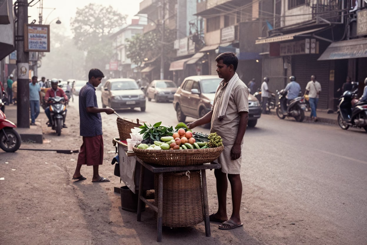 Early Morning Mumbai Street Scene with Woven Basket and Local Vendor in in Mumbai, India