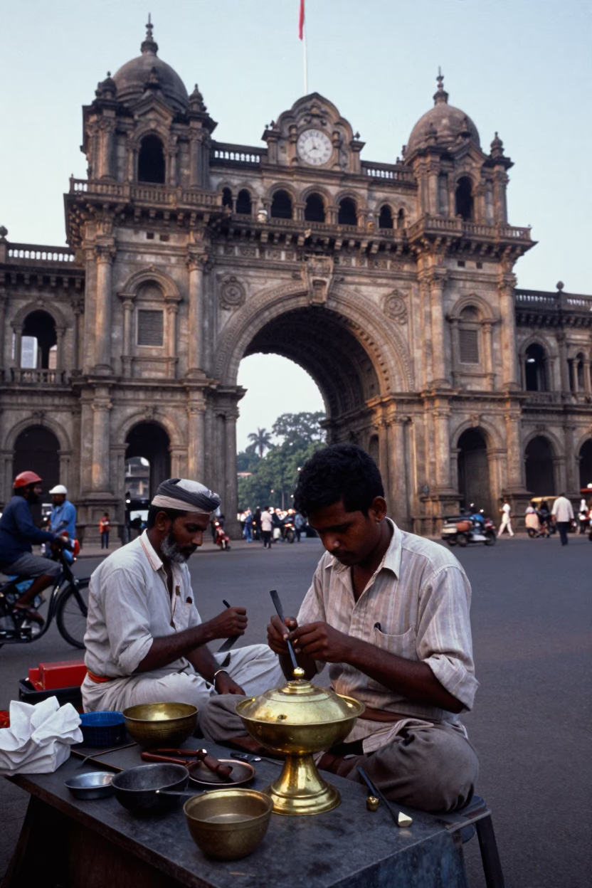 Early Morning Mumbai Street Vendor Chisel Repair Beside Historic Gateway in in Mumbai, India