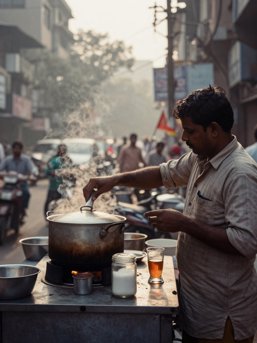 Early Morning Mumbai Street Vendor Cooking Pot and Glass Sugar Jar in in Mumbai, India