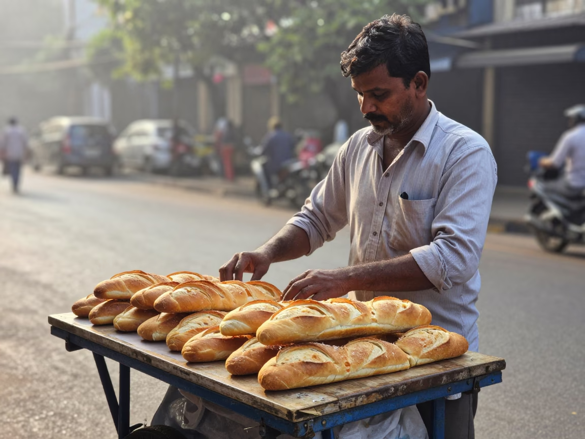 Early Morning Mumbai Street Vendor Selling Fresh Baguettes Near Historic Rusty Gate in in Mumbai, India