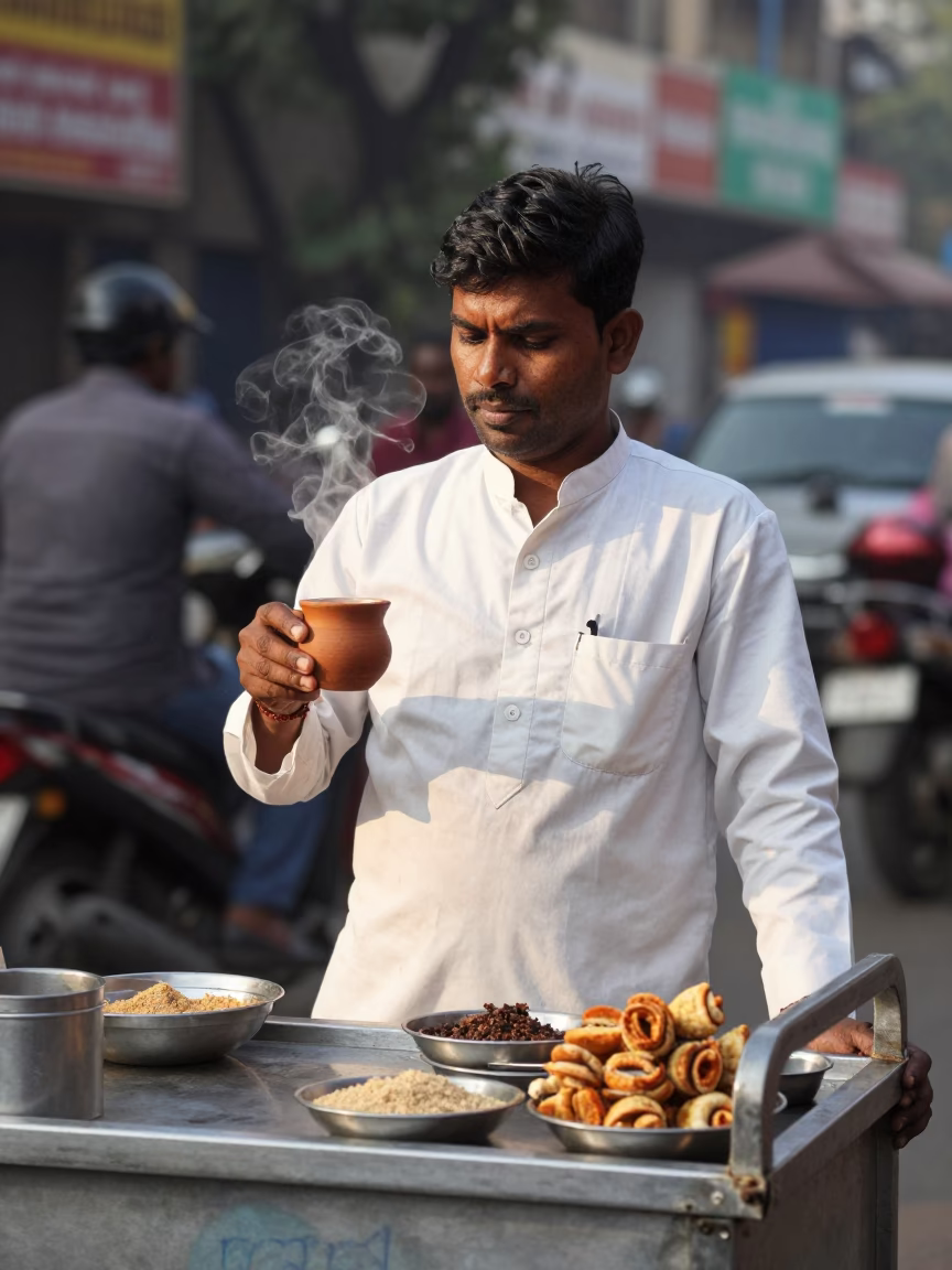 Early Morning Mumbai Street Vendor Serving Chai and Snacks to Commuters in in Mumbai, India
