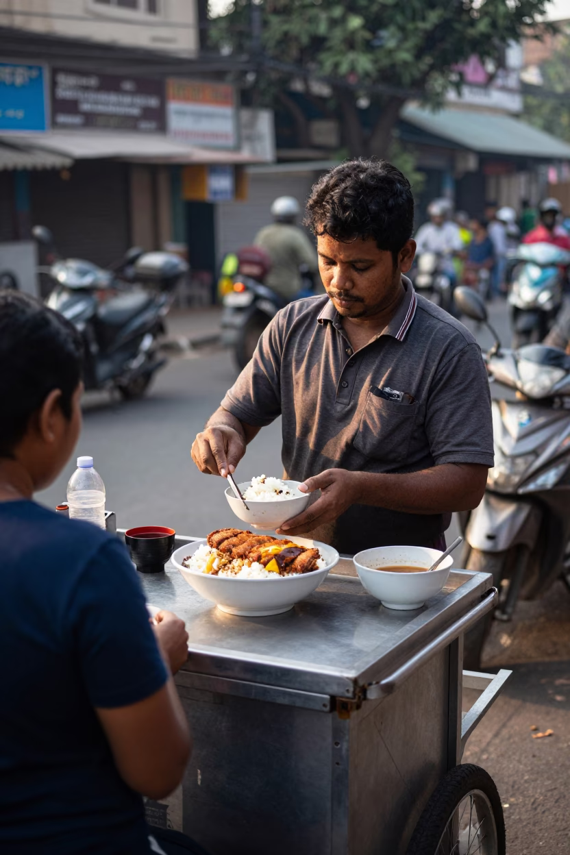 Early Morning Mumbai Street Vendor Serving Hot Katsudon Rice Bowl with Wicker Basket in in Mumbai, India