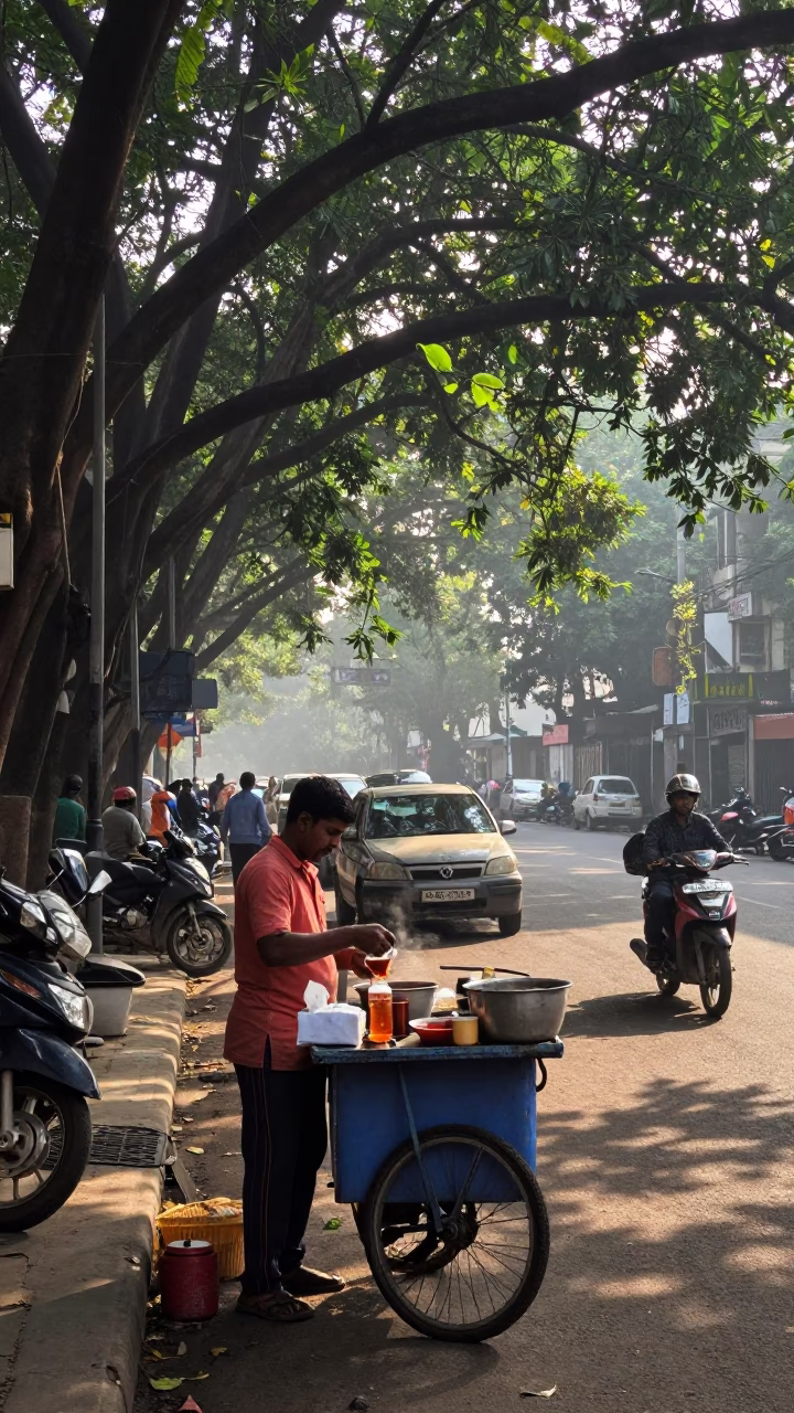 Early Morning Mumbai Street Vendor Serving Hot Tea and Snacks in First Light in in Mumbai, India