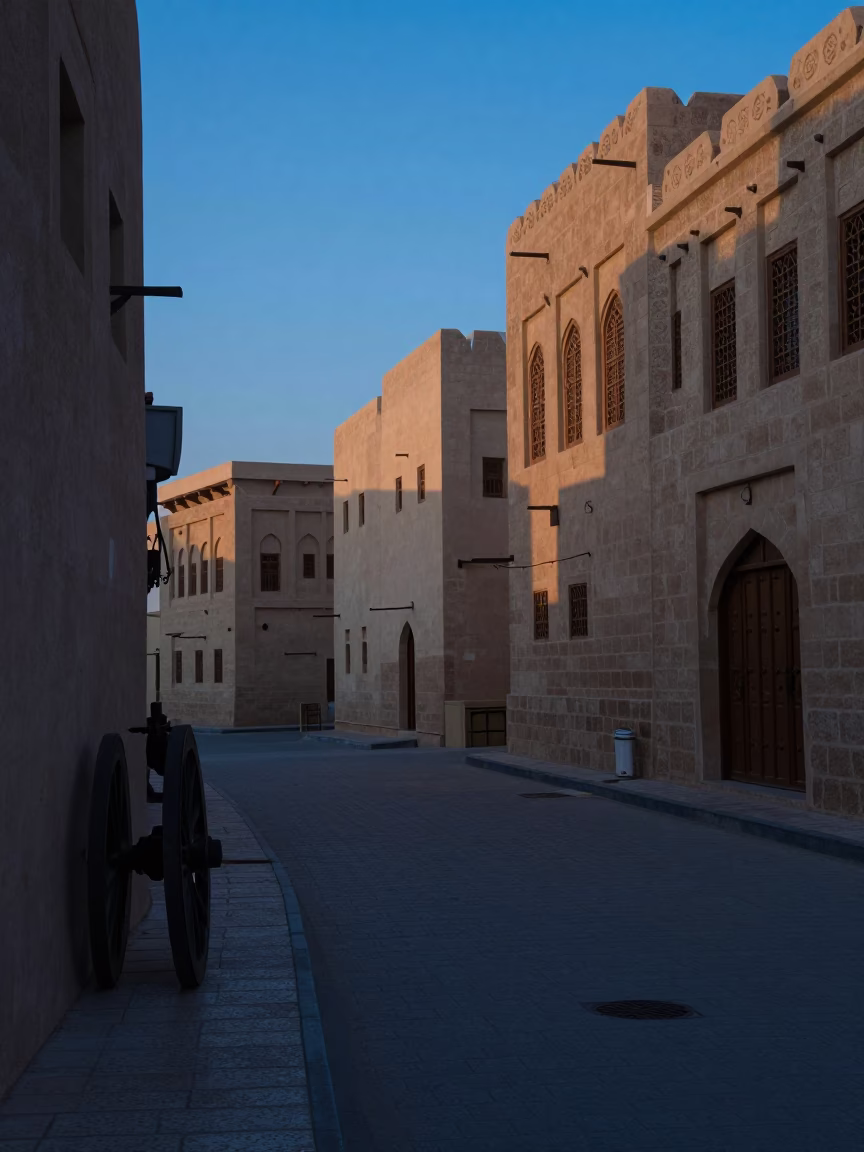 Early Morning Muscat Oman Street Scene with Caster Wheel and Mops Before Sunrise in in Muscat, Oman