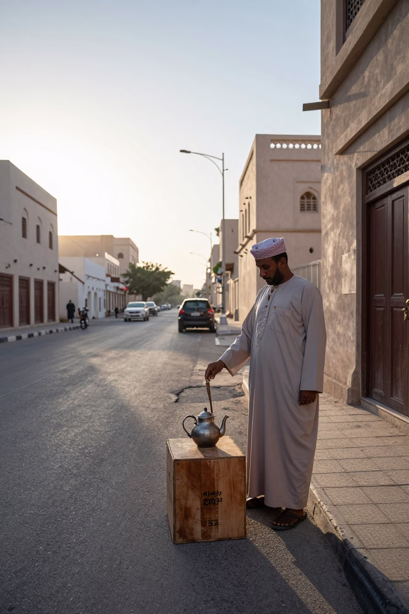 Early Morning Muscat Oman Street Scene with Traditional Tea and Magazine Rack in in Muscat, Oman