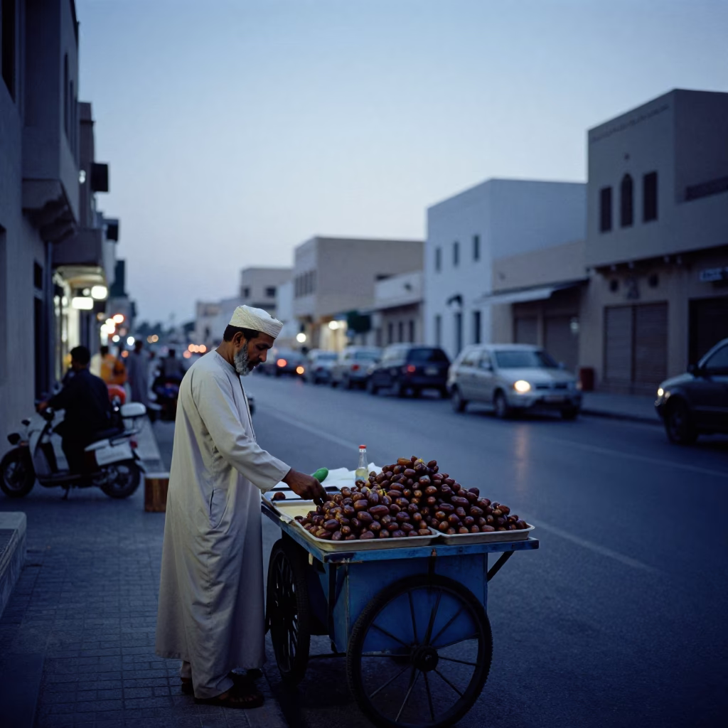 Early Morning Muscat Street Scene Before Dawn with Local Market Activity in in Muscat, Oman