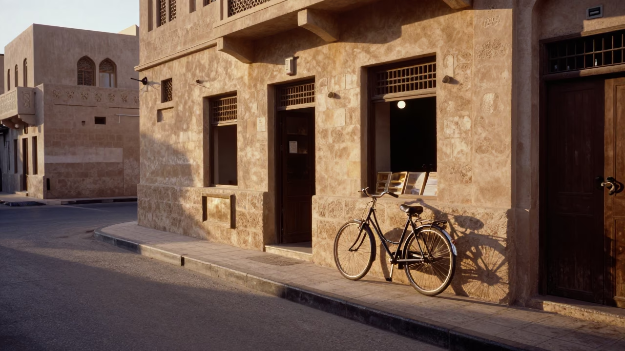 Early Morning Muscat Street Scene with Bicycle and Bakery in in Muscat, Oman