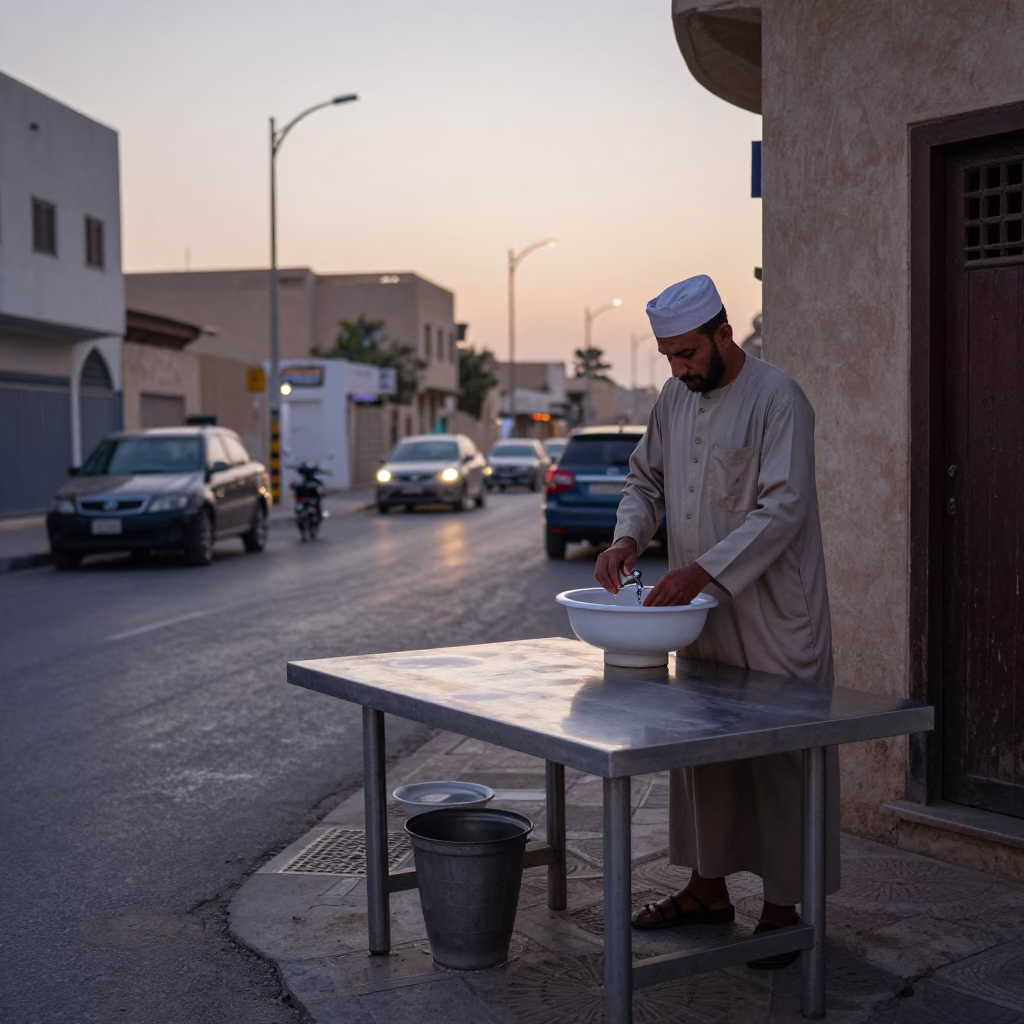 Early Morning Muscat Street Scene with Brushed Steel Tabletop and Wash Basin in Oman in in Muscat, Oman