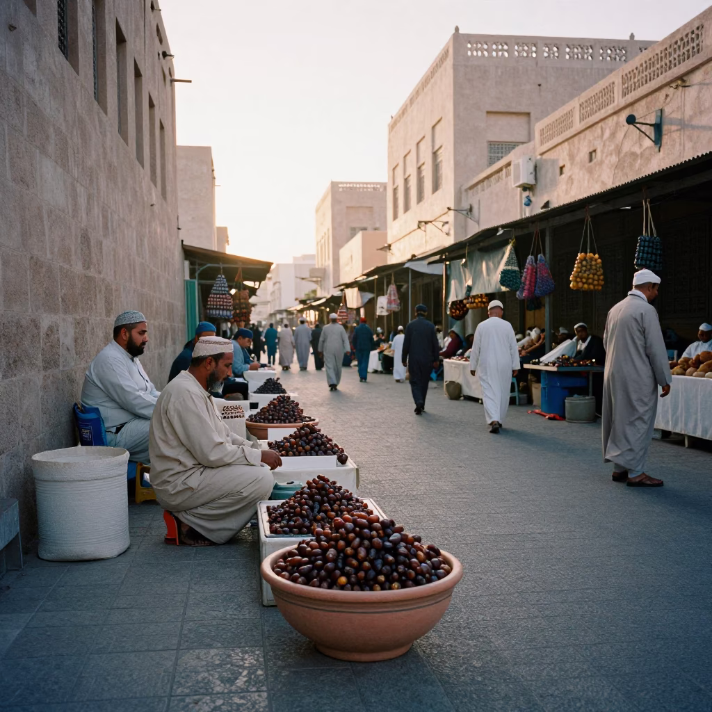 Early Morning Muscat Street Scene with Ceramic Bowl and Traditional Market Activity in in Muscat, Oman