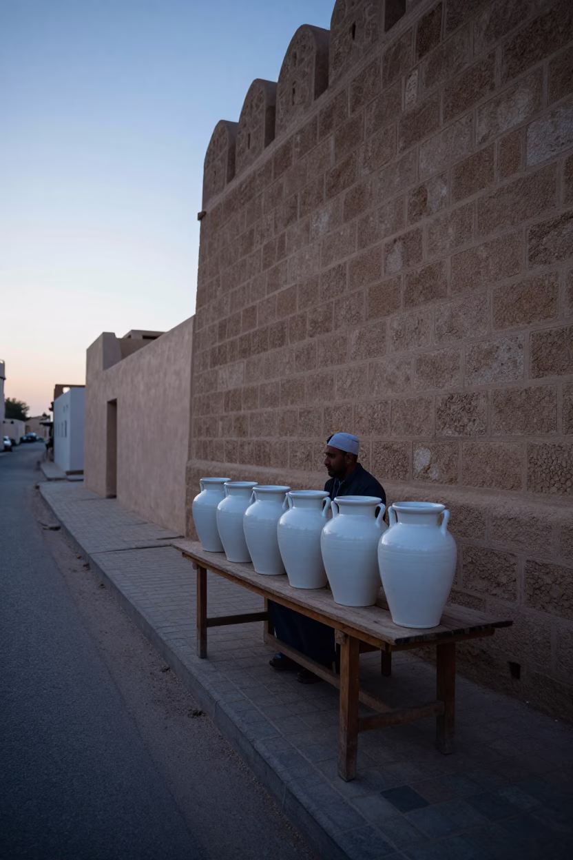 Early Morning Muscat Street Scene with Ceramic Jars and Ladder Before Sunrise in in Muscat, Oman