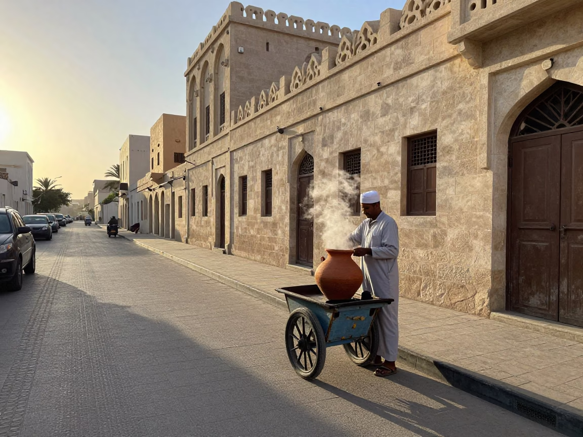 Early Morning Muscat Street Scene with Clay Pot and Ceramic Mugs in in Muscat, Oman